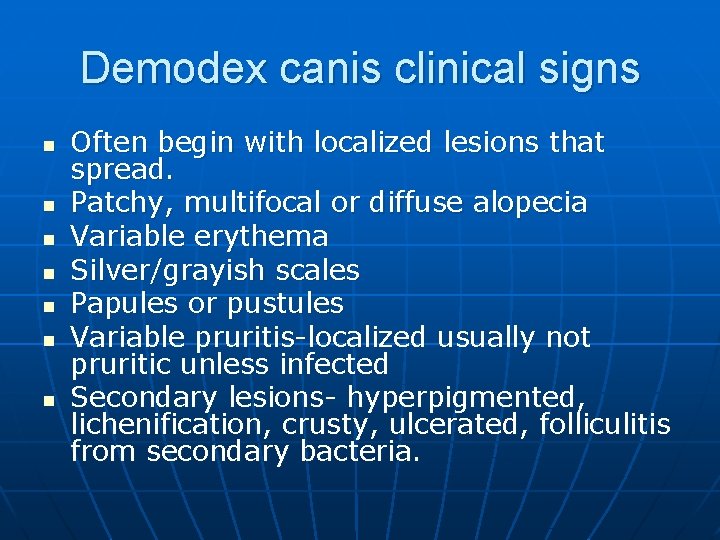 Demodex canis clinical signs n n n n Often begin with localized lesions that
