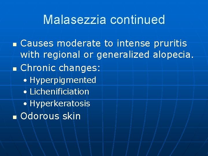 Malasezzia continued n n Causes moderate to intense pruritis with regional or generalized alopecia.