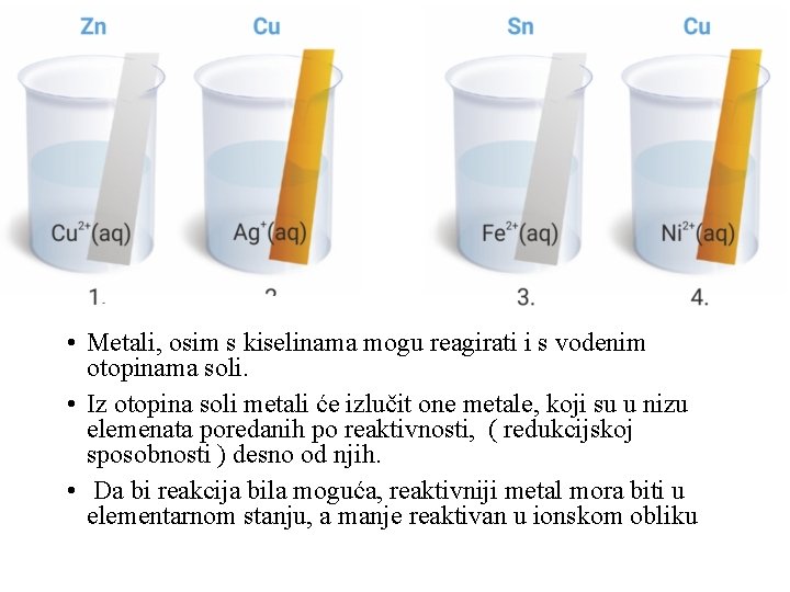  • Metali, osim s kiselinama mogu reagirati i s vodenim otopinama soli. •