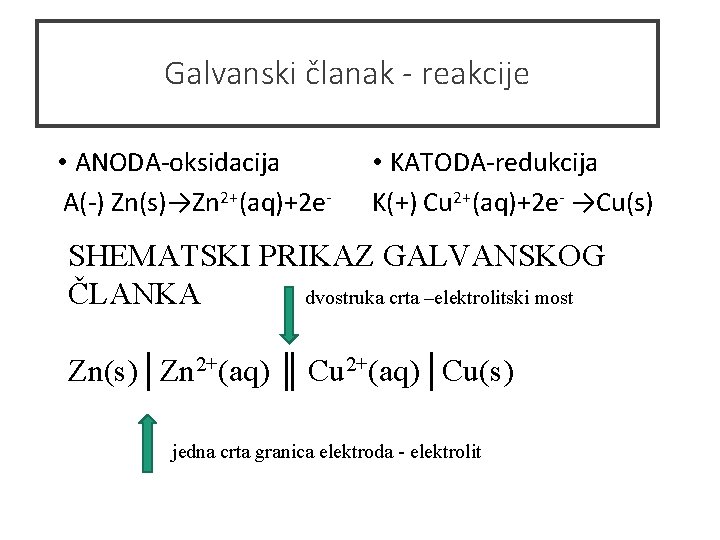 Galvanski članak - reakcije • ANODA-oksidacija A(-) Zn(s)→Zn 2+(aq)+2 e- • KATODA-redukcija K(+) Cu