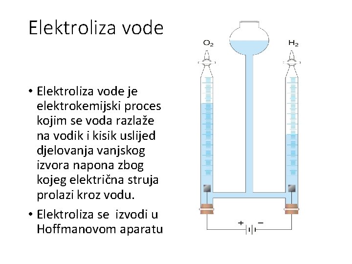 Elektroliza vode • Elektroliza vode je elektrokemijski proces kojim se voda razlaže na vodik Elektroliza vode • Elektroliza vode je elektrokemijski proces kojim se voda razlaže na vodik