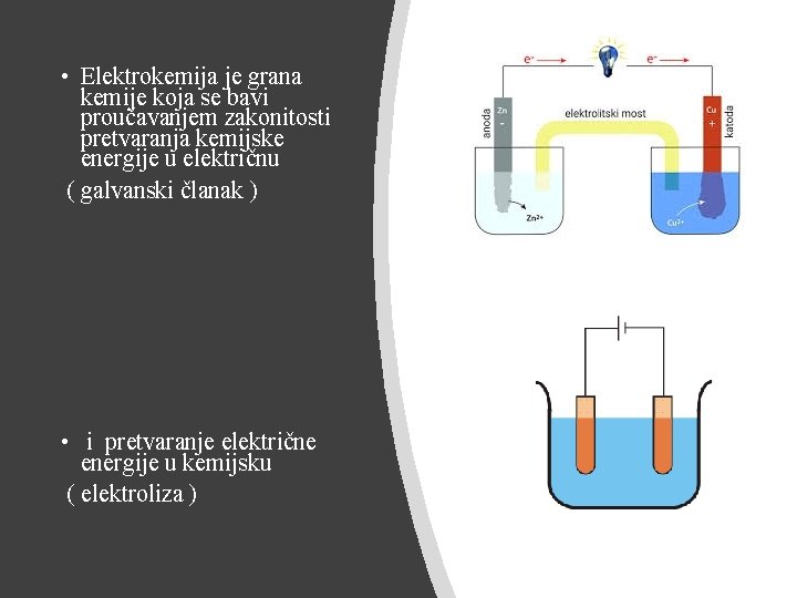  • Elektrokemija je grana kemije koja se bavi proučavanjem zakonitosti pretvaranja kemijske energije