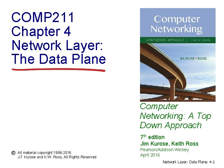 COMP 211 Chapter 4 Network Layer: The Data Plane Computer Networking: A Top Down