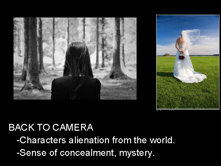 BACK TO CAMERA -Characters alienation from the world. -Sense of concealment, mystery. 