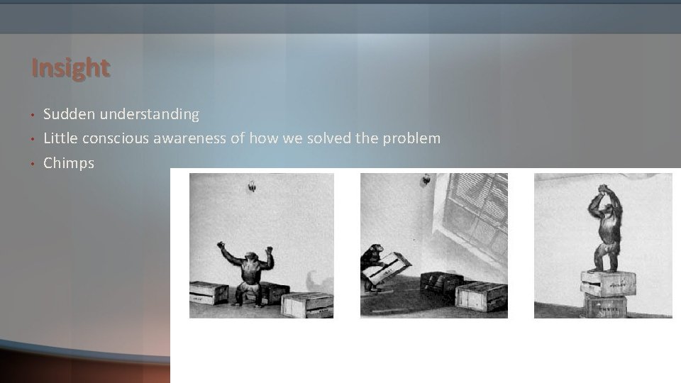 Insight • • • Sudden understanding Little conscious awareness of how we solved the Insight • • • Sudden understanding Little conscious awareness of how we solved the