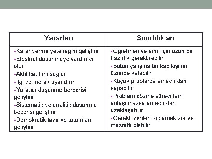 Yararları • Karar verme yeteneğini geliştirir • Eleştirel düşünmeye yardımcı olur • Aktif katılımı