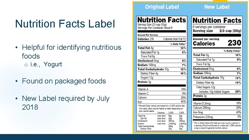 Nutrition Facts Label • Helpful for identifying nutritious foods o i. e. , Yogurt