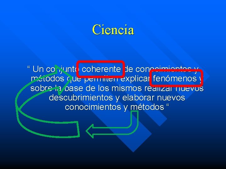 Ciencia “ Un conjunto coherente de conocimientos y métodos que permiten explicar fenómenos y