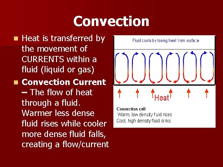 Convection Heat is transferred by the movement of CURRENTS within a fluid (liquid or