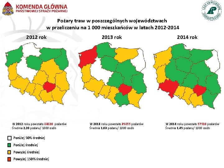 Pożary traw w poszczególnych województwach w przeliczeniu na 1 000 mieszkańców w latach 2012