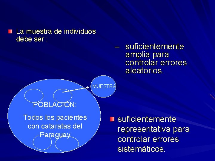 La muestra de individuos debe ser : – suficientemente amplia para controlar errores aleatorios.