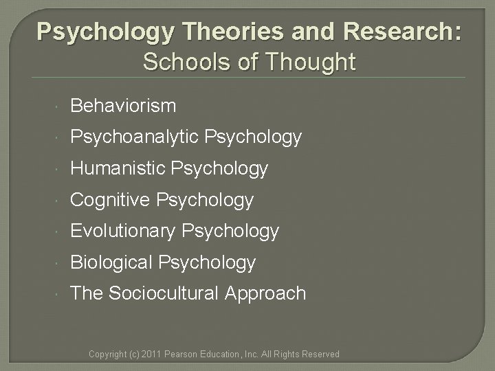 Psychology Theories and Research: Schools of Thought Behaviorism Psychoanalytic Psychology Humanistic Psychology Cognitive Psychology Psychology Theories and Research: Schools of Thought Behaviorism Psychoanalytic Psychology Humanistic Psychology Cognitive Psychology