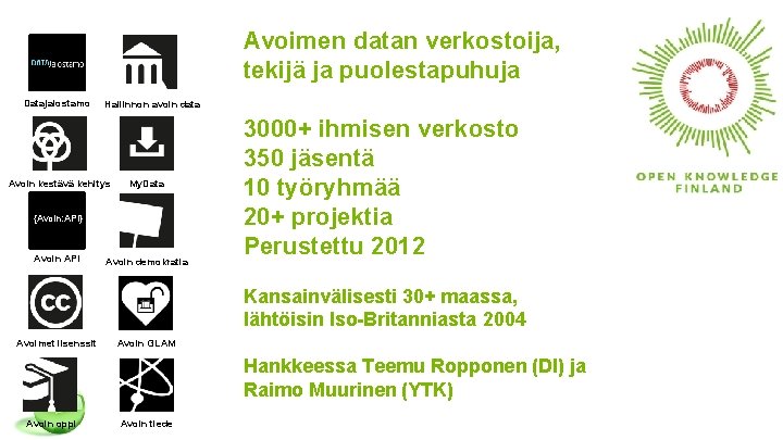 Avoimen datan verkostoija, tekijä ja puolestapuhuja Datajalostamo Hallinnon avoin data Avoin kestävä kehitys My.