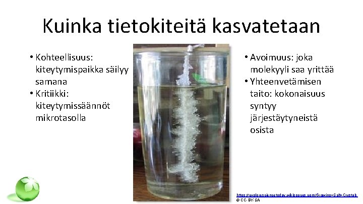 Kuinka tietokiteitä kasvatetaan • Kohteellisuus: kiteytymispaikka säilyy samana • Kritiikki: kiteytymissäännöt mikrotasolla • Avoimuus:
