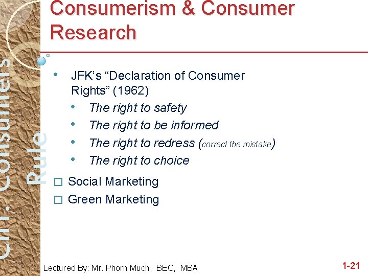 Ch 1: Consumers Rule Consumerism & Consumer Research • JFK’s “Declaration of Consumer Rights”