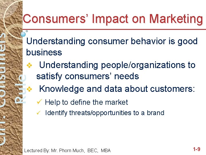 Ch 1: Consumers Rule Consumers’ Impact on Marketing Understanding consumer behavior is good business