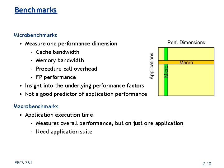 Benchmarks Microbenchmarks • Measure one performance dimension - Cache bandwidth - Memory bandwidth -