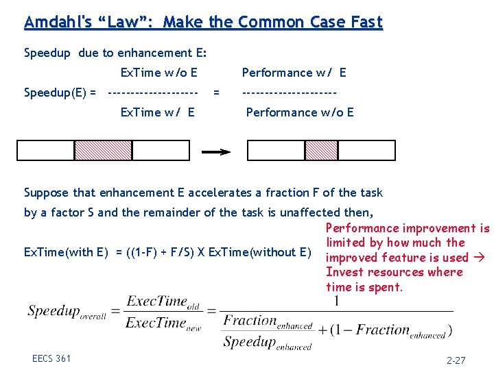 Amdahl's “Law”: Make the Common Case Fast Speedup due to enhancement E: Ex. Time