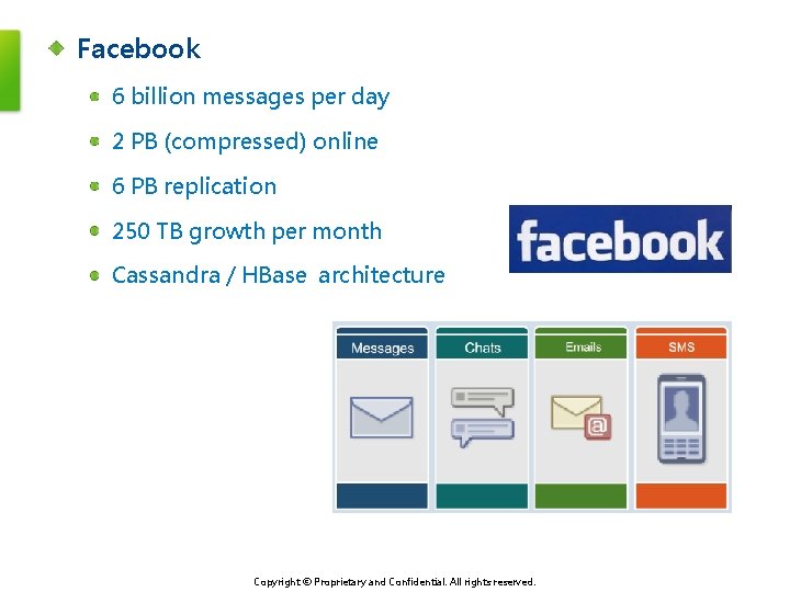 Facebook 6 billion messages per day 2 PB (compressed) online 6 PB replication 250