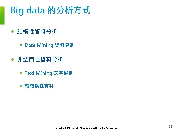 Big data 的分析方式 結構性資料分析 Data Mining 資料探勘 非結構性資料分析 Text Mining 文字探勘 轉結構性資料 Copyright ©