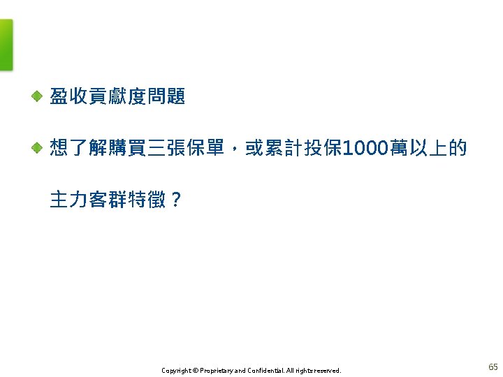 盈收貢獻度問題 想了解購買三張保單，或累計投保 1000萬以上的 主力客群特徵？ Copyright © Proprietary and Confidential. All rights reserved. 65 