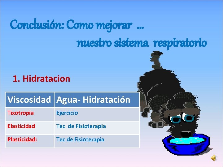 Conclusión: Como mejorar … nuestro sistema respiratorio 1. Hidratacion Viscosidad Agua- Hidratación Tixotropia Ejercicio