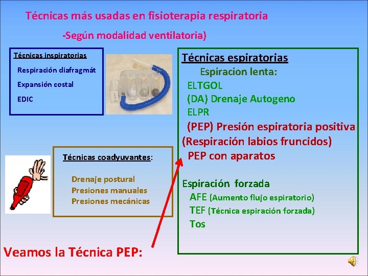 Técnicas más usadas en fisioterapia respiratoria -Según modalidad ventilatoria) Técnicas inspiratorias Respiración diafragmát Expansión