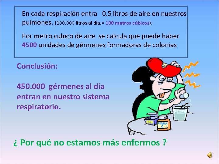 En cada respiración entra 0. 5 litros de aire en nuestros pulmones. (100. 000