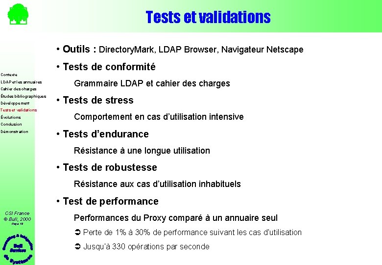 Tests et validations • Outils : Directory. Mark, LDAP Browser, Navigateur Netscape • Tests