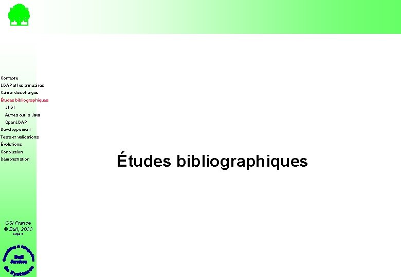 Contexte LDAP et les annuaires Cahier des charges Études bibliographiques JNDI Autres outils Java