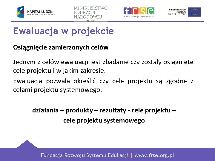 Ewaluacja w projekcie Osiągnięcie zamierzonych celów Jednym z celów ewaluacji jest zbadanie czy zostały