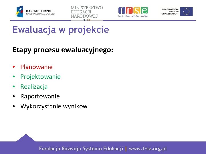 Ewaluacja w projekcie Etapy procesu ewaluacyjnego: • • • Planowanie Projektowanie Realizacja Raportowanie Wykorzystanie