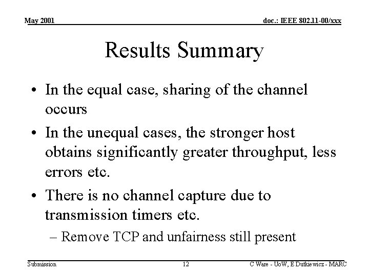 May 2001 doc. : IEEE 802. 11 -00/xxx Results Summary • In the equal