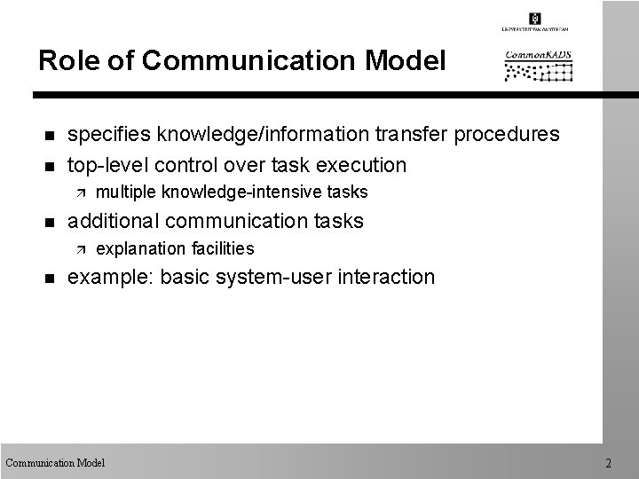 Role of Communication Model n n specifies knowledge/information transfer procedures top-level control over task