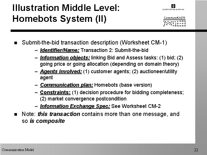 Illustration Middle Level: Homebots System (II) n Submit-the-bid transaction description (Worksheet CM-1) – Identifier/Name: