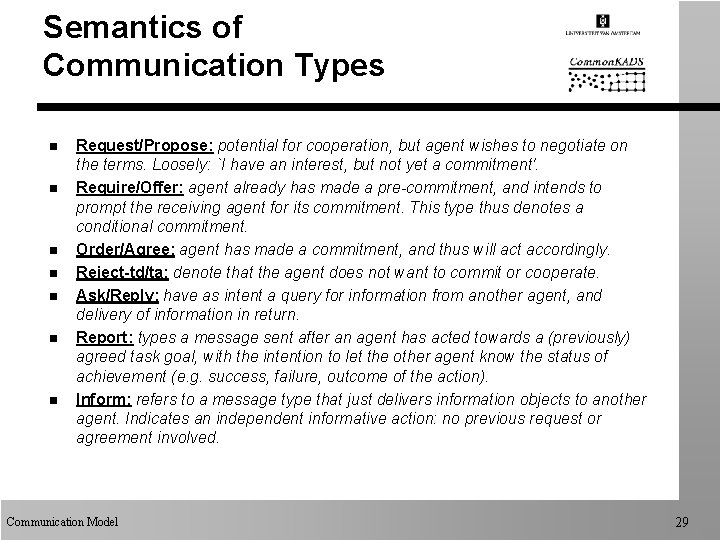 Semantics of Communication Types n n n n Request/Propose: potential for cooperation, but agent