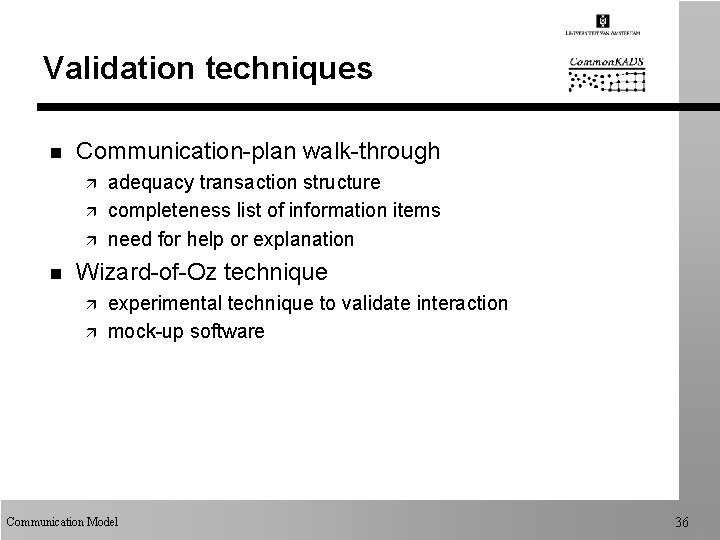Validation techniques n Communication-plan walk-through ä ä ä n adequacy transaction structure completeness list