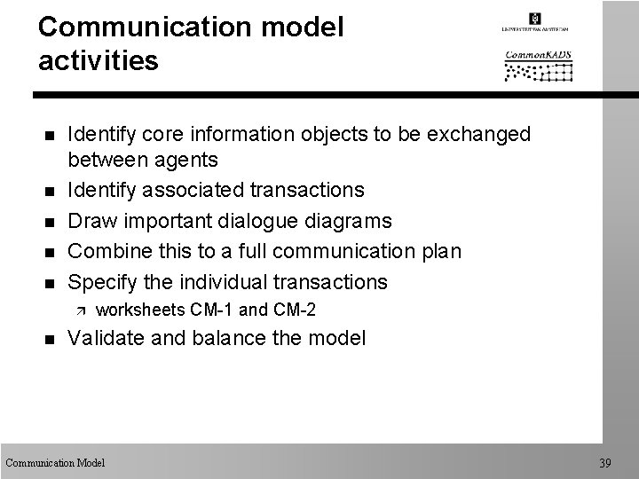 Communication model activities n n n Identify core information objects to be exchanged between