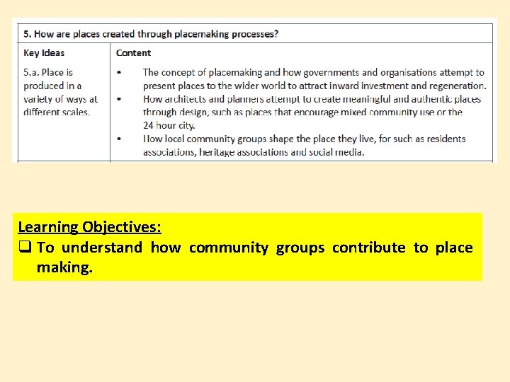 Learning Objectives: q To understand how community groups contribute to place making. 