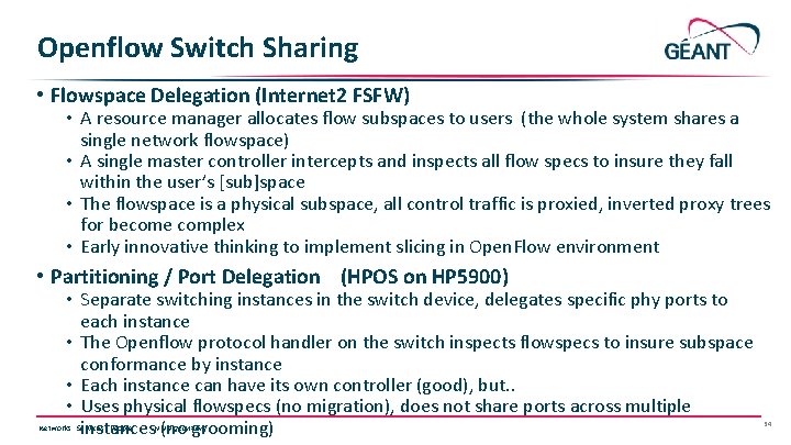 Openflow Switch Sharing • Flowspace Delegation (Internet 2 FSFW) • A resource manager allocates