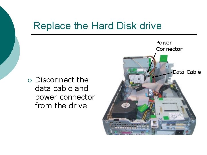 Replace the Hard Disk drive Power Connector Data Cable ¡ Disconnect the data cable