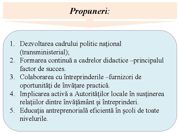 Propuneri: 1. Dezvoltarea cadrului politic național (transministerial); 2. Formarea continuă a cadrelor didactice –principalul