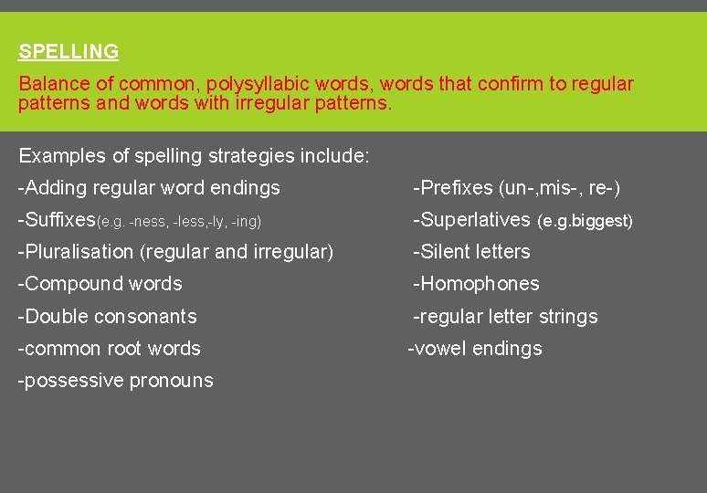 SPELLING Balance of common, polysyllabic words, words that confirm to regular patterns and words