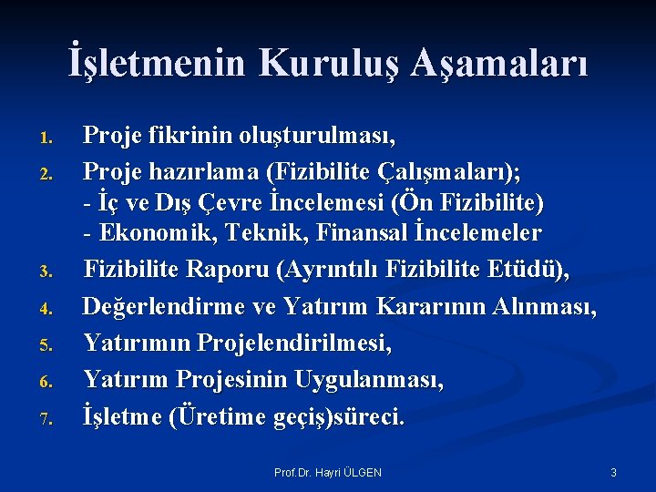 İşletmenin Kuruluş Aşamaları 1. 2. 3. 4. 5. 6. 7. Proje fikrinin oluşturulması, Proje