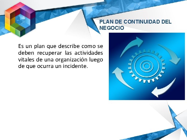 PLAN DE CONTINUIDAD DEL NEGOCIO Es un plan que describe como se deben recuperar
