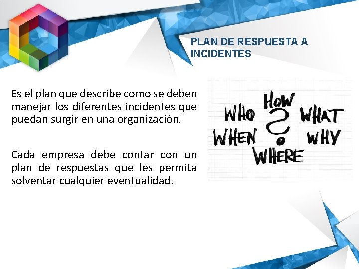 PLAN DE RESPUESTA A INCIDENTES Es el plan que describe como se deben manejar