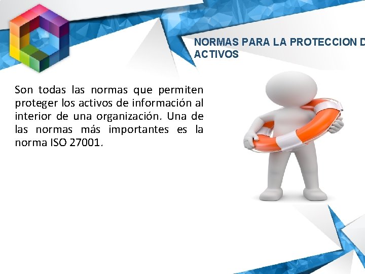 NORMAS PARA LA PROTECCION D ACTIVOS Son todas las normas que permiten proteger los