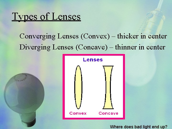 Types of Lenses Converging Lenses (Convex) – thicker in center Diverging Lenses (Concave) –