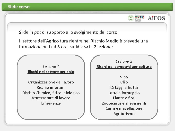 Slide corso Slide in ppt di supporto allo svolgimento del corso. Il settore dell’Agricoltura