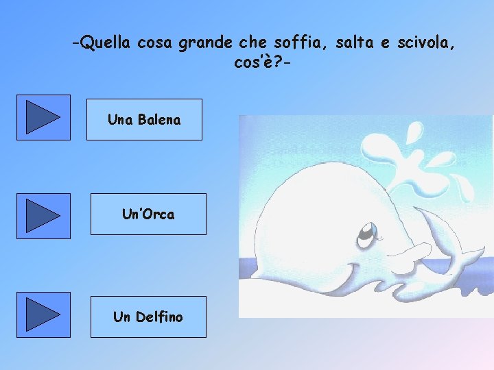 -Quella cosa grande che soffia, salta e scivola, cos’è? Una Balena Un’Orca Un Delfino